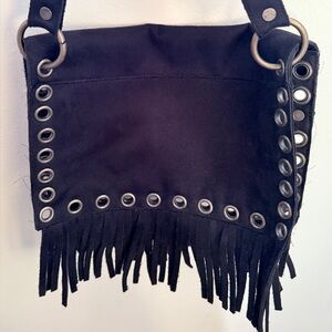 Hand Crafted Black Suede Fringe Crossbody Bag with Grommet Detail